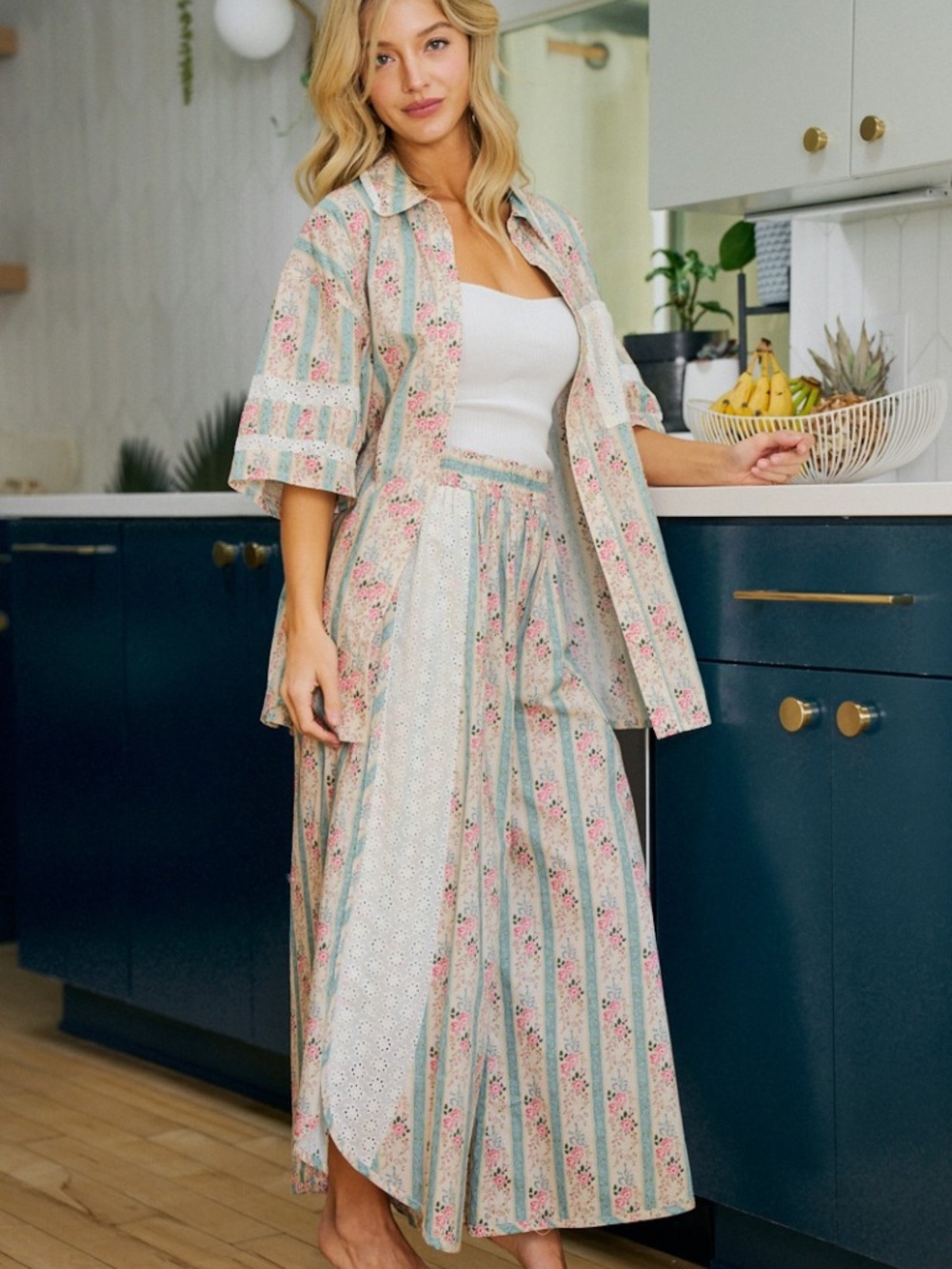 Bibi Floral Striped Print Eyelet Wide Leg Pants - Picture 11 of 12